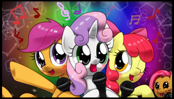 Size: 1890x1080 | Tagged: safe, artist:hoyeechun, apple bloom, babs seed, scootaloo, sweetie belle, earth pony, pegasus, pony, unicorn, g4, adorabloom, apple bloom's bow, blushing, bow, camera, cute, cutealoo, cutie mark crusaders, cutie mark cuties, diasweetes, female, filly, foal, hair bow, hoof hold, horn, microphone, music notes, one eye closed, open mouth, signature, singing
