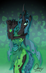 Size: 800x1270 | Tagged: safe, artist:omny87, queen chrysalis, changeling, changeling queen, anthro, g4, beautiful, clothes, crown, fangs, female, heart, jewelry, regalia, smiling, solo, torn clothes, wink