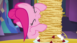 Size: 852x469 | Tagged: safe, screencap, pinkie pie, earth pony, pony, castle sweet castle, g4, season 5, c:, cute, diapinkes, eyes closed, female, food, herbivore, mare, nom, pancakes, raspberry (food), smiling, solo