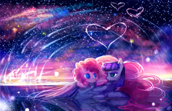 Size: 1280x828 | Tagged: safe, artist:aquagalaxy, maud pie, pinkie pie, g4, color porn, cute, eye contact, heart, prone, sky, smiling, stars, valentine, valentine's day