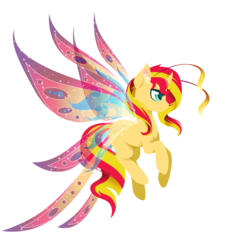 Size: 2700x3000 | Tagged: safe, artist:fuyusfox, sunset shimmer, breezie, pony, unicorn, g4, beautiful, breeziefied, colored wings, cute, diabreezies, female, gradient wings, high res, horn, simple background, smiling, solo, sparkly wings, species swap, transparent background, wings