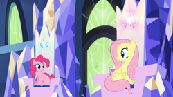 Size: 1440x810 | Tagged: safe, screencap, fluttershy, pinkie pie, g4, the cutie map, sitting, trailer