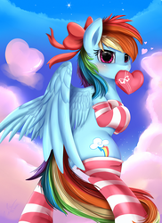 Size: 2550x3509 | Tagged: safe, artist:pridark, rainbow dash, pegasus, pony, g4, bipedal, blushing, bow, clothes, cloud, cloudy, female, heart, high res, mare, mouth hold, signature, sky, socks, solo, striped socks, valentine, valentine's day