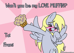 Size: 1000x714 | Tagged: safe, artist:outofworkderpy, derpy hooves, pegasus, pony, g4, abstract background, bipedal, blushing, cute, derpabetes, eyes closed, female, heart, mare, muffin, open mouth, outofworkderpy, smiling, solo, spread wings, valentine, valentine's day, valentine's day card