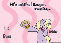 Size: 1000x714 | Tagged: safe, artist:outofworkderpy, dinky hooves, pony, unicorn, g4, abstract background, baka, bipedal, blushing, cute, female, filly, funny, heart, mare, muffin, solo, tsundere, tsundinky, valentine, valentine's day, valentine's day card