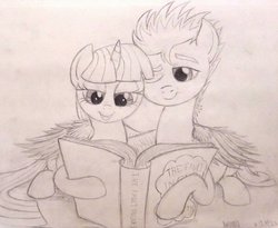 Size: 987x810 | Tagged: safe, artist:thefriendlyelephant, flash sentry, twilight sparkle, alicorn, pegasus, pony, g4, book, cuddling, female, hug, male, monochrome, ship:flashlight, shipping, sketch, snuggling, straight, traditional art, twilight sparkle (alicorn), winghug, wings