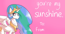 Size: 3800x2000 | Tagged: safe, artist:whisperfoot, princess celestia, alicorn, pony, g4, card, crown, cute, female, high res, holiday, horn, solo, valentine, valentine's day, wings