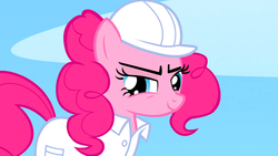 Size: 1366x768 | Tagged: safe, screencap, pinkie pie, earth pony, pony, g4, sonic rainboom (episode), clothes, female, hard hat, hat, lab coat, looking at you, mare, smiling, solo, three quarter view