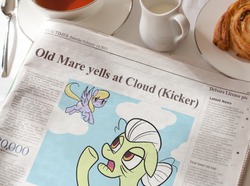 Size: 700x520 | Tagged: safe, artist:reuniclus, edit, cloud kicker, granny smith, earth pony, pegasus, pony, g4, cloud, female, floppy ears, flying, frown, glare, lidded eyes, male, mare, newspaper, old man yells at cloud, old mare yells at cloud, sad, simpsons did it, sky, spread wings, the simpsons, underhoof, wings