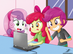 Size: 643x479 | Tagged: safe, artist:the-butch-x, edit, apple bloom, scootaloo, sweetie belle, equestria girls, g4, computer, cutie mark crusaders, laptop computer