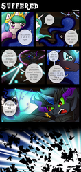 Size: 2000x4232 | Tagged: safe, artist:vavacung, nightmare moon, princess celestia, princess luna, oc, oc:paper mache, comic:to love god - to love mortal, g4, bevor, boots, colored horn, comic, croupiere, crown, crying, curved horn, horn, jewelry, regalia, saddle, shoes, sombra eyes, sombra horn, tack
