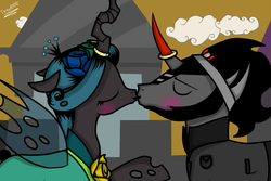 Size: 1500x1000 | Tagged: safe, artist:terezas474747, king sombra, queen chrysalis, changeling, changeling queen, pony, unicorn, g4, blushing, clothes, dress, female, kiss on the lips, kissing, male, marriage, ring, ship:chrysombra, shipping, straight, unholy matrimony, wedding, wedding dress, wedding ring