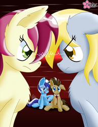 Size: 800x1035 | Tagged: safe, artist:clouddg, derpy hooves, doctor whooves, minuette, roseluck, time turner, earth pony, pegasus, pony, unicorn, g4, background pony, death stare, doctor whooves gets all the mares, female, love triangle, male, mare, rivalry, ship:doctorderpy, shipping, shipping war, stallion, straight