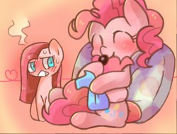 Size: 512x387 | Tagged: safe, artist:miki 14, pinkie pie, earth pony, pony, g4, blushing, cushion, cute, cuteamena, diapinkes, duality, happy, pinkamena diane pie, sitting