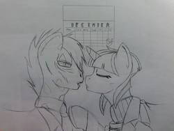 Size: 960x720 | Tagged: safe, artist:elmutanto, oc, oc only, oc:black gallant, oc:sparkplug, earth pony, ghoul, pony, unicorn, calendar, clothes, eyes closed, kissing, suit