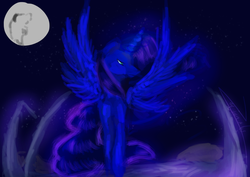 Size: 1024x727 | Tagged: safe, artist:xamili, princess luna, g4, female, moon, solo, spread wings