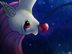 Size: 1200x900 | Tagged: safe, artist:wingless1raven, fluttershy, g4, apple, female, flutterbat, night, solo, upside down