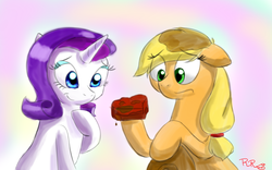 Size: 2560x1600 | Tagged: safe, artist:reginart-renart, applejack, rarity, g4, box, chocolate, female, floppy ears, lesbian, melting, ship:rarijack, shipping, sitting