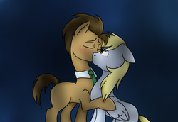 Size: 2900x2000 | Tagged: safe, artist:avaflynn, derpy hooves, doctor whooves, time turner, pegasus, pony, g4, blank flank, blushing, crying, eyes closed, female, floppy ears, high res, kissing, male, mare, ship:doctorderpy, shipping, simple background, straight
