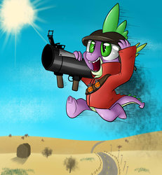 Size: 1024x1107 | Tagged: safe, artist:djbrony00, spike, g4, crossover, male, rocket jump, rocket launcher, soldier, soldier (tf2), solo, team fortress 2