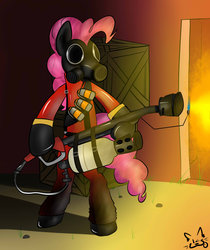 Size: 1024x1220 | Tagged: safe, artist:djbrony00, pinkie pie, g4, crossover, female, flamethrower, pinkie pyro, pyro (tf2), solo, team fortress 2, weapon
