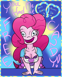 Size: 800x1000 | Tagged: safe, artist:wryte, pinkie pie, equestria girls, g4, big grin, breast squeeze, breasts, busty pinkie pie, cleavage, excited, female, hearts and hooves day, hearts and hooves day cards, humanized, text