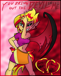 Size: 800x1000 | Tagged: safe, artist:wryte, sunset shimmer, demon, equestria girls, g4, alternate hairstyle, belly button, blushing, breasts, clothes, fangs, flirting, hearts and hooves day, hearts and hooves day cards, humanized, midriff, side slit, skirt, solo, sunset satan, tailed humanization, text, transformation, underboob, winged humanization