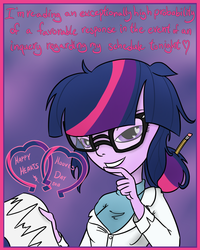 Size: 800x1000 | Tagged: safe, artist:wryte, sci-twi, twilight sparkle, equestria girls, g4, bedroom eyes, clothes, flirting, glasses, hair bun, heart eyes, hearts and hooves day, hearts and hooves day cards, humanized, lab coat, pencil, sweater, text, wingding eyes
