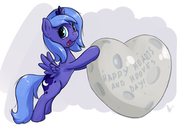 Size: 1000x721 | Tagged: safe, artist:hieronymuswhite, princess luna, g4, female, filly, hearts and hooves day, moon, solo, tangible heavenly object, valentine's day, woona