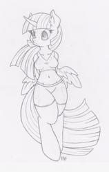Size: 632x1000 | Tagged: safe, artist:dfectivedvice, twilight sparkle, anthro, g4, belly button, female, grayscale, monochrome, solo, twilight sparkle (alicorn)