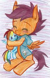 Size: 898x1404 | Tagged: safe, artist:krazykari, artist:re_ghotion, rainbow dash, scootaloo, pegasus, pony, g4, blushing, clothes, colored, cute, cutealoo, eyes closed, female, filly, foal, hoof hold, hug, plushie, rainbow dash plushie, sitting, smiling, snuggling, solo, spread wings, traditional art, wings