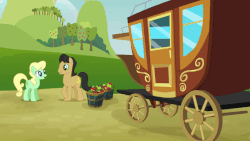 Size: 576x324 | Tagged: safe, screencap, apple honey, apple squash, golden delicious, red june, sweet tooth, earth pony, pony, apple family reunion, g4, animated, animation error, apple family member, background pony, carriage, coach, female, filly, foal, male, mare, stallion