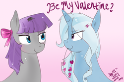 Size: 900x600 | Tagged: safe, artist:mrscurlystyles, maud pie, trixie, earth pony, pony, unicorn, g4, bow, duo, female, hair bow, holiday, lesbian, mare, ship:mauxie, shipping, smiling, valentine, valentine's day, when she smiles