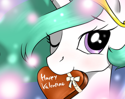 Size: 2156x1712 | Tagged: safe, artist:hjdokudo, princess celestia, g4, bust, chocolate, close-up, cute, cutelestia, female, holiday, looking at you, pixiv, portrait, solo, valentine, valentine's day, wink