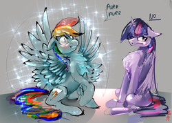 Size: 3992x2838 | Tagged: safe, artist:alumx, rainbow dash, twilight sparkle, alicorn, pegasus, pony, g4, :t, behaving like a bird, behaving like a cat, blushing, chest fluff, courtship, denied, duo, female, floppy ears, fluffy, frown, high res, impossibly large chest fluff, lesbian, mare, mating dance, peacocking, purring, raised hoof, ship:twidash, shipping, shipping denied, sitting, sparkles, spread wings, twilight cat, twilight sparkle (alicorn), unamused, wingboner