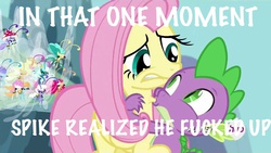 Size: 1280x720 | Tagged: safe, edit, edited screencap, screencap, breezette, cotton (g4), fluttershy, spike, twirly, breezie, dragon, pony, g4, it ain't easy being breezies, caption, female, image macro, male, mare, meme, text, unnamed breezie, unnamed character