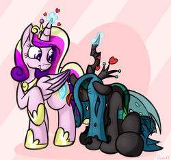 Size: 1500x1400 | Tagged: safe, artist:ramott, princess cadance, queen chrysalis, alicorn, changeling, pony, g4, blushing, eyes closed, female, heart, hearts and hooves day, infidelity, lesbian, love magic, magic, mare, mind control, open mouth, power of love, raised hoof, ship:cadalis, shipping, smiling, tongue out, valentine's day