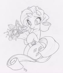 Size: 871x1000 | Tagged: safe, artist:dfectivedvice, rarity, g4, bouquet, female, flower, grayscale, monochrome, solo, traditional art