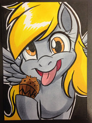 Size: 1024x1365 | Tagged: safe, artist:joshuadraws, derpy hooves, pegasus, pony, g4, female, looking at you, mare, muffin, solo, tongue out, traditional art