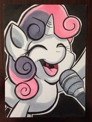 Size: 1024x1365 | Tagged: safe, artist:joshuadraws, sweetie belle, g4, eyes closed, female, microphone, singing, solo, traditional art