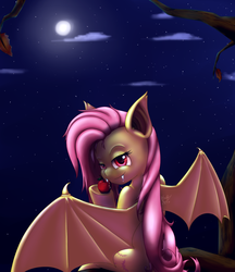 Size: 1600x1850 | Tagged: safe, artist:monteruis, fluttershy, g4, apple, fangs, female, flutterbat, night, solo, tree