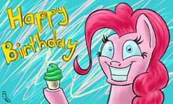 Size: 1024x614 | Tagged: safe, artist:ravenousdrake, pinkie pie, earth pony, pony, g4, cupcake, female, food, grin, happy birthday, shrunken pupils, smiling, solo