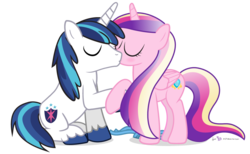 Size: 975x600 | Tagged: safe, artist:dm29, princess cadance, shining armor, g4, alternate hairstyle, blushing, duo, eyes closed, female, holding hooves, kissing, loose hair, male, ship:shiningcadance, shipping, simple background, sitting, straight, transparent background, vector, younger