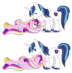 Size: 549x555 | Tagged: safe, artist:dm29, princess cadance, shining armor, g4, cross-eyed, eye contact, eyes closed, female, kissing, male, on back, ship:shiningcadance, shipping, simple background, smiling, straight, vector, white background