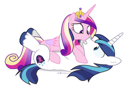 Size: 781x538 | Tagged: safe, artist:dm29, princess cadance, shining armor, g4, duo, on back, simple background, vector, white background