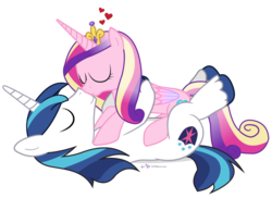 Size: 925x675 | Tagged: safe, artist:dm29, princess cadance, shining armor, g4, duo, female, heart, kissing, male, on back, romance, romantic, ship:shiningcadance, shipping, simple background, straight, transparent background, vector