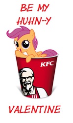 Size: 379x638 | Tagged: safe, scootaloo, chicken, g4, german, hearts and hooves day, kfc, scootachicken, valentine, valentine's day