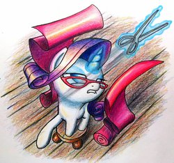 Size: 1024x958 | Tagged: safe, artist:dynamiclines, rarity, g4, fabric, glasses, glasses rarity, magic, perspective, scissors, solo, stool, traditional art