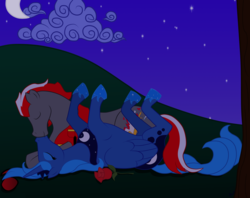 Size: 1023x809 | Tagged: safe, artist:natmonkey, princess luna, oc, oc:hyper active, g4, canon x oc, clothes, cloud, date, eyes closed, moon, nuzzling, rose, scenery, shipping, stars, sunglasses, vest