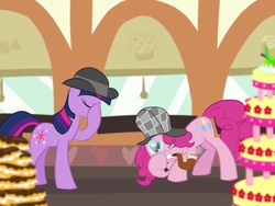 Size: 2048x1536 | Tagged: safe, artist:bratzoid, pinkie pie, twilight sparkle, earth pony, pony, unicorn, g4, mmmystery on the friendship express, cake, deerstalker, detective, donut, duo, facehoof, female, hat, john watson, magnifying glass, mare, muffin, pipe, reference, sherlock holmes, sherlock pie, twilight sparkle is not amused, unamused